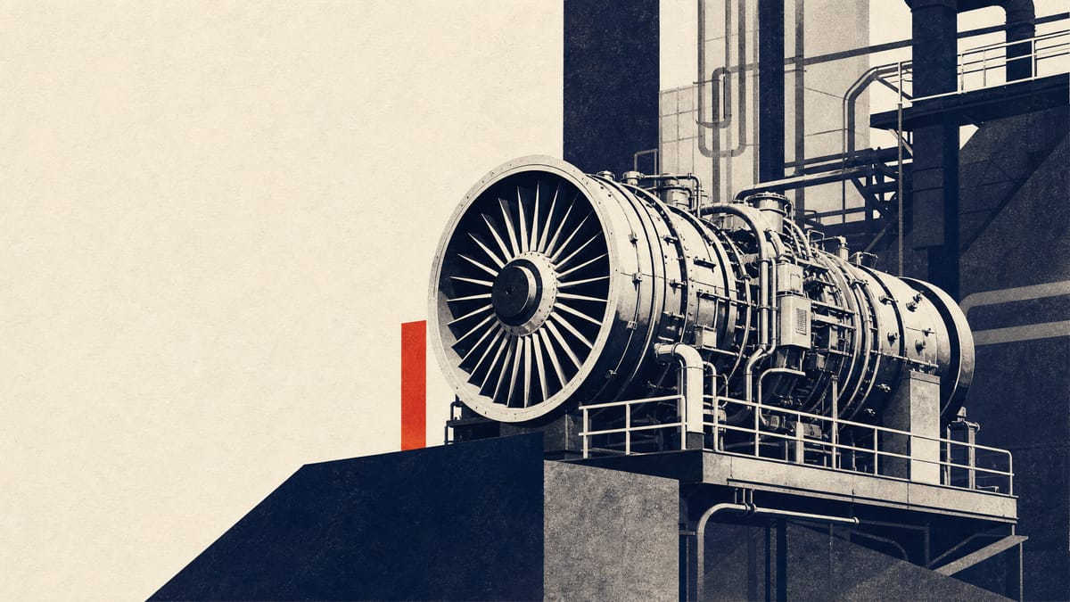 An industrial gas-turbine unit inside a power-plant assembly hall, illustrating the energy equipment behind Mitsubishi Heavy Industries' quarterly profit growth.