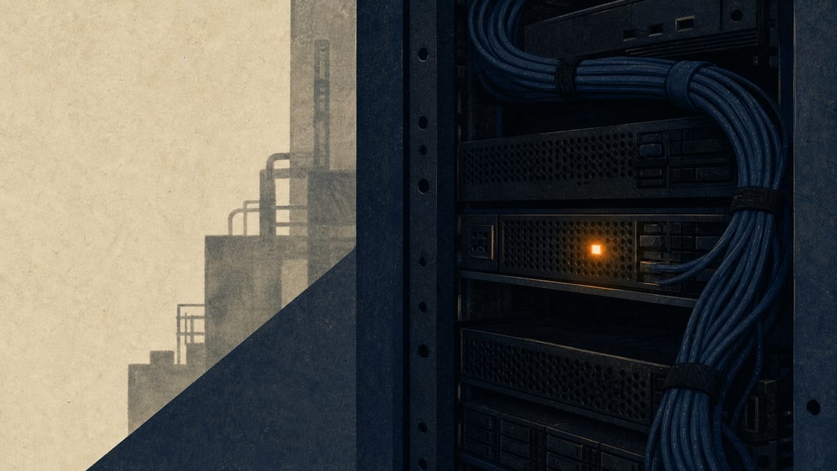 Editorial illustration of a server rack in an industrial facility with a small amber warning light, evoking a cybersecurity incident without depicting any screens or text.