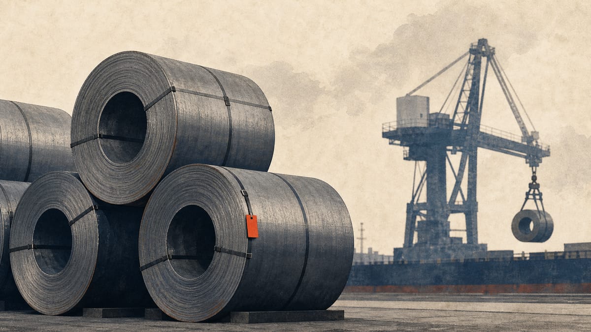 Stacked steel coils in an industrial stockyard with a loading crane in the background, evoking raw-material costs and steel export volumes.