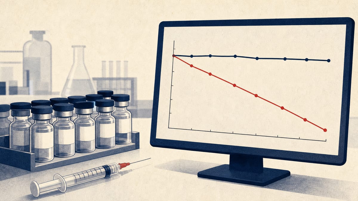 Lab bench with vials, a syringe, and a monitor showing two diverging line graphs representing contrasting kidney-function trial results.