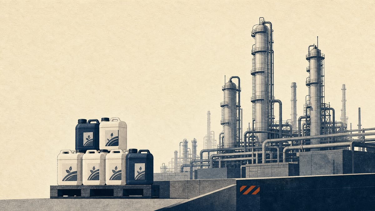 Petrochemical refinery towers beside stacked agrochemical containers on a loading dock, representing the refining and crop-protection lines behind Sumitomo Chemical's earnings recovery.
