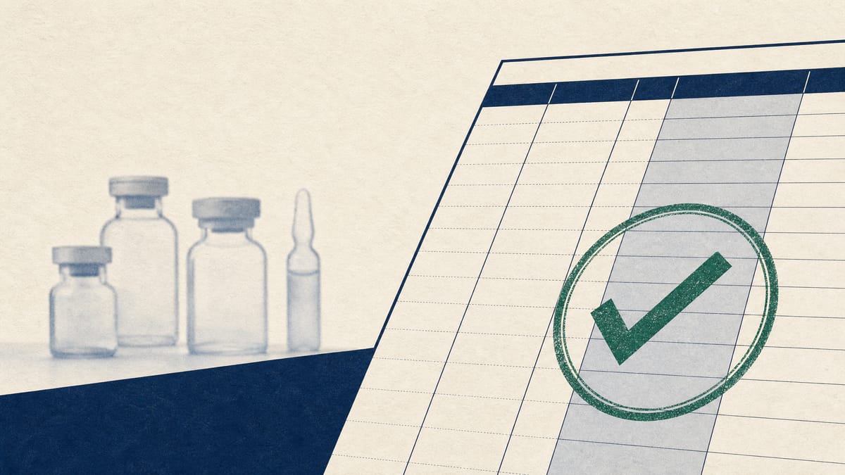 Abstract illustration of ledger grid lines with a checkmark stamp over balance-sheet columns and faint pharmaceutical vials in the background