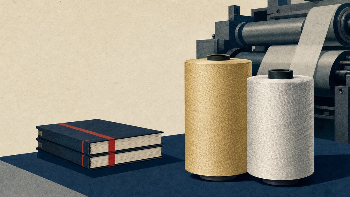 Editorial illustration of fiber spools and industrial rollers next to bound ledgers, evoking Teijin's materials business and its one-off asset sale gain.