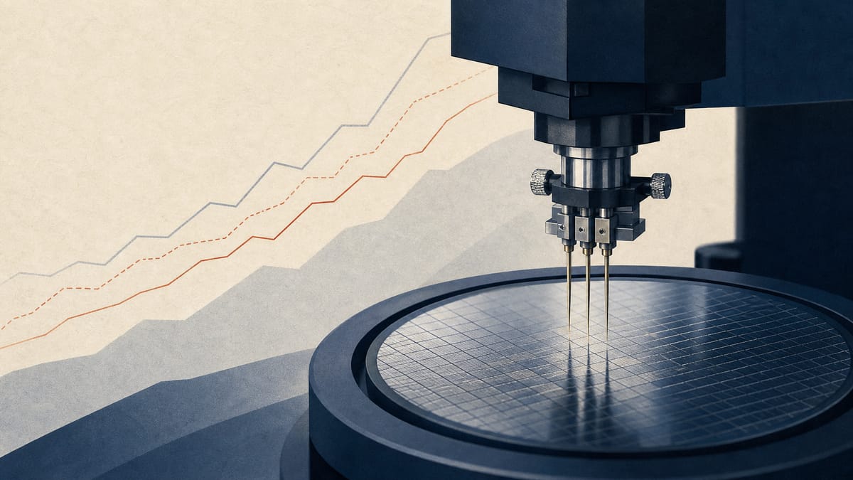 Editorial photo-style image of a semiconductor wafer-prober testing machine in a clean industrial setting, evoking rising equipment orders.