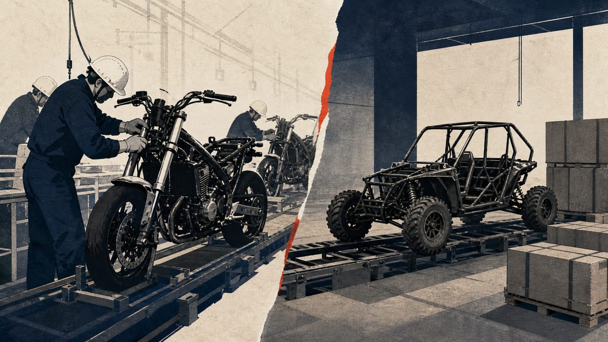 Split factory scene showing an active motorcycle assembly line next to an idled off-road vehicle production line.