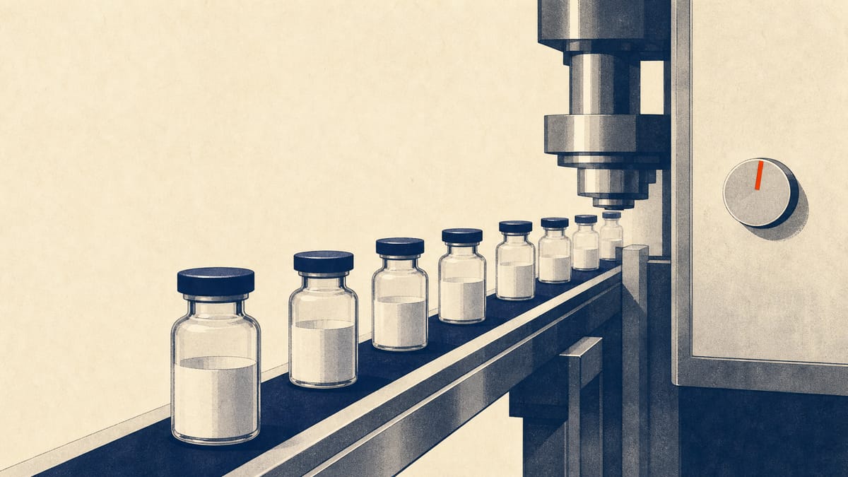 Vials of injectable cancer medicine move along a sterile pharmaceutical manufacturing line.