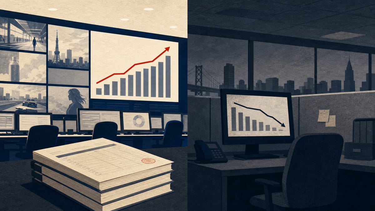 Split illustration of a Japanese ad-agency control room with a rising chart beside a dimmer North American office with a declining revenue chart, yen ledger sheets in the foreground.