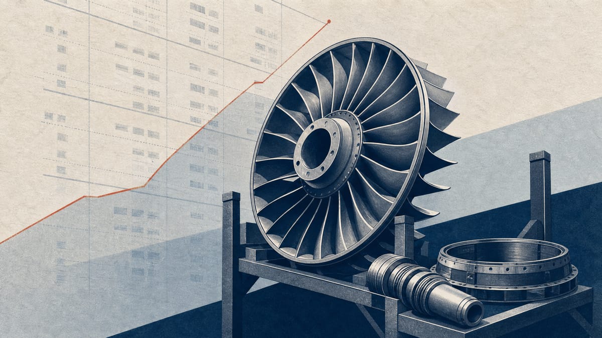 Editorial illustration of aircraft engine spare parts on a maintenance stand with a faint yen ledger overlay in the background.