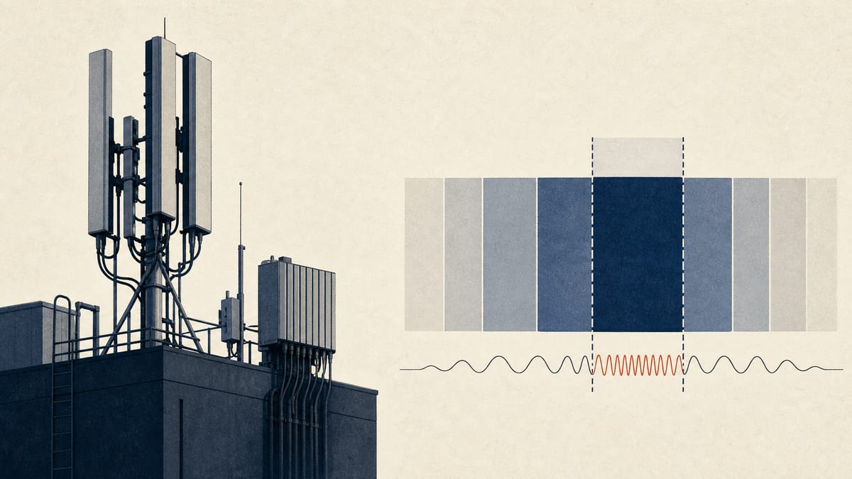 Rooftop telecom base station antennas next to an abstract chart of adjacent radio-frequency bands, representing Japan's spectrum interference rules.