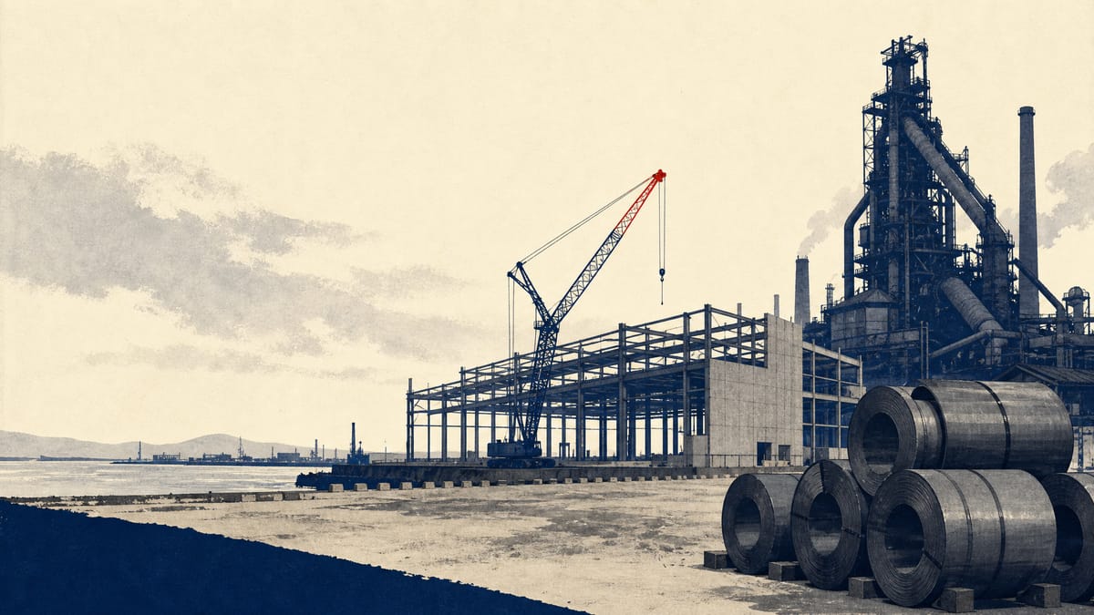 Illustration of a former steel-mill raw-material yard on a Japanese waterfront being cleared for logistics warehouses, with stacked steel coils and industrial cranes in the background.