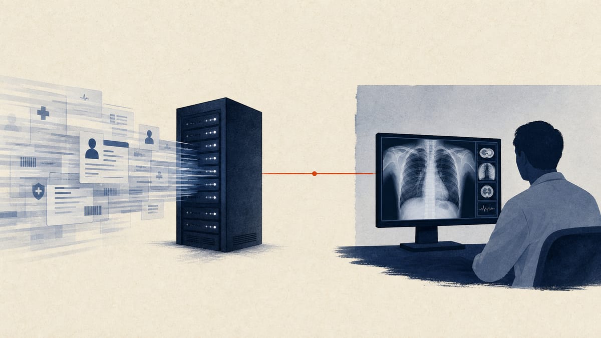 Illustration of anonymized health data flowing into servers alongside a radiologist's remote diagnostic monitor, representing JMDC's data-licensing and teleradiology businesses.