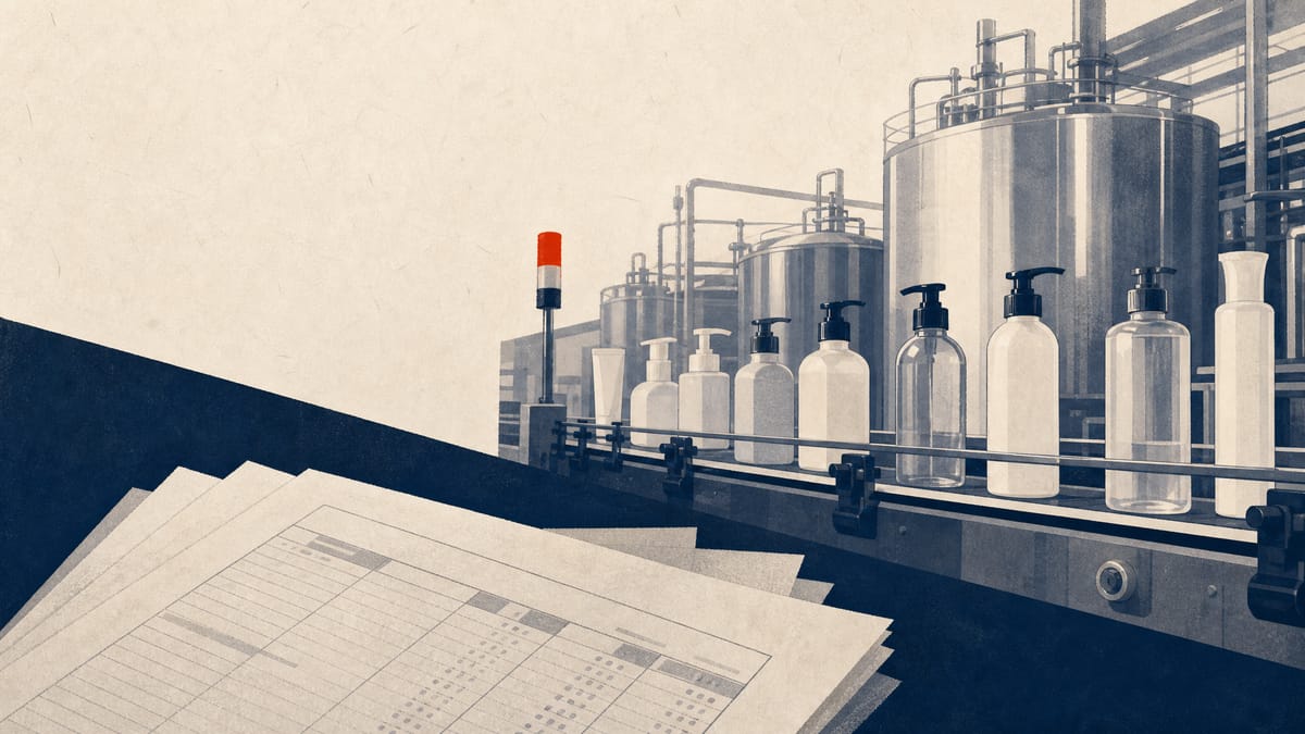 Illustration of a consumer-products packaging line with steel processing tanks and bottles on a conveyor beside stacked financial ledger sheets, representing Kao's earnings and chemicals operations.