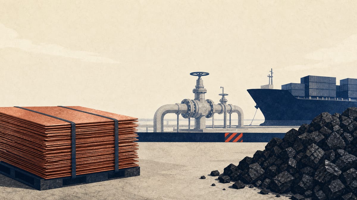Editorial illustration of copper cathode stacks, coal, and pipeline valves at an industrial terminal with a cargo ship in the background, representing a trading house's commodity-driven earnings.