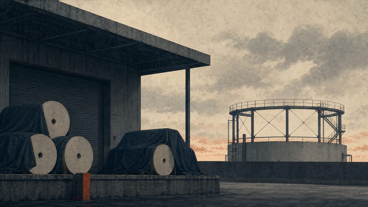 An idled paper mill loading dock with stacked pulp rolls and an empty storage-tank platform under an overcast sky, symbolizing halted production at Nippon Paper's affected plants.