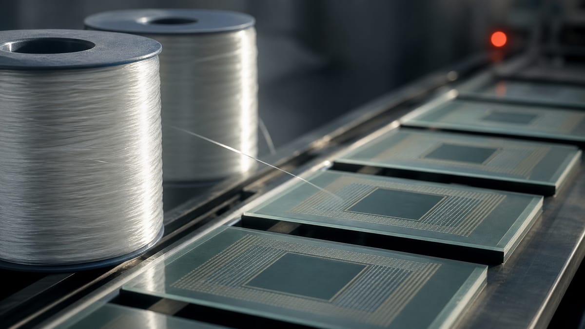 Editorial illustration of glass fiber spools and semiconductor package substrate panels on an industrial production line.