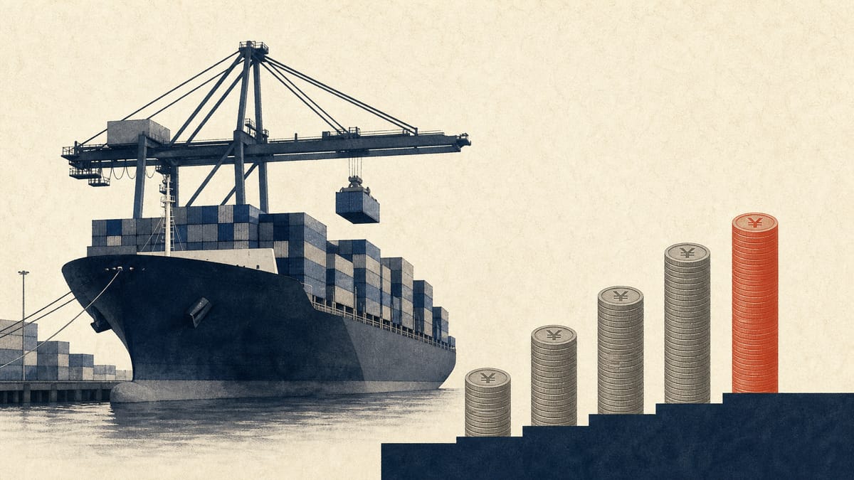 Editorial illustration of a containership being loaded at a port, with an abstract rising bar chart made of yen coins suggesting an increased dividend payout.