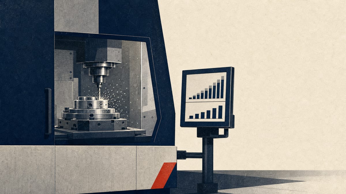 Editorial illustration of a CNC machining center on a factory floor with an order-tracking display, representing rising machine-tool demand.