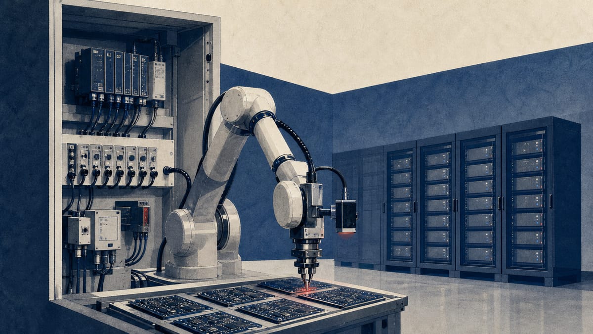 Illustration of factory automation equipment and sensors next to a data-center battery rack, representing the industrial demand behind Omron's earnings upgrade.
