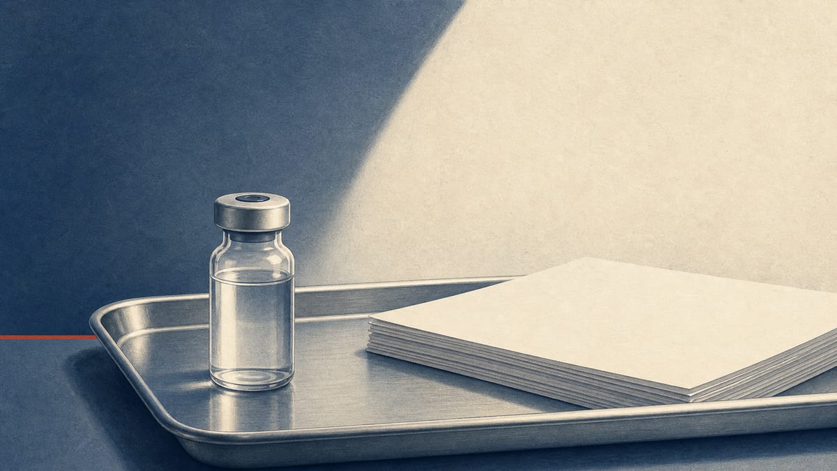 A glass medical vial on a stainless steel tray next to a stack of blank pricing paperwork, representing a cancer drug awaiting a government reimbursement price decision
