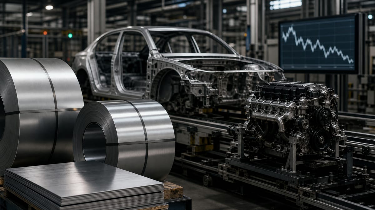Steel and aluminum coils beside a car engine assembly line, with an abstract currency chart glowing on a factory monitor in the background, symbolizing raw-material cost pressure on automaker margins.