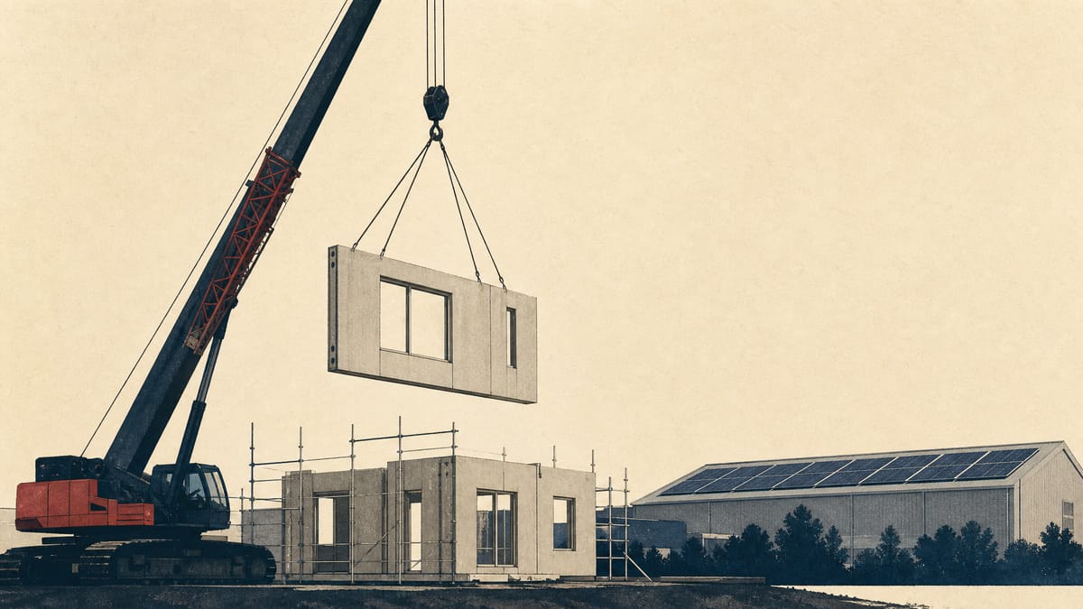 A construction crane lifts prefabricated housing panels at a residential development site with a logistics warehouse and rooftop solar panels in the background.