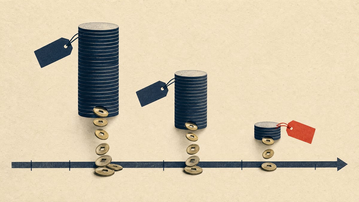 Illustration of three coin stacks of differing heights, each releasing a stream of coins onto a ledger line, representing differing per-unit dividend distributions across three exchange-traded funds.