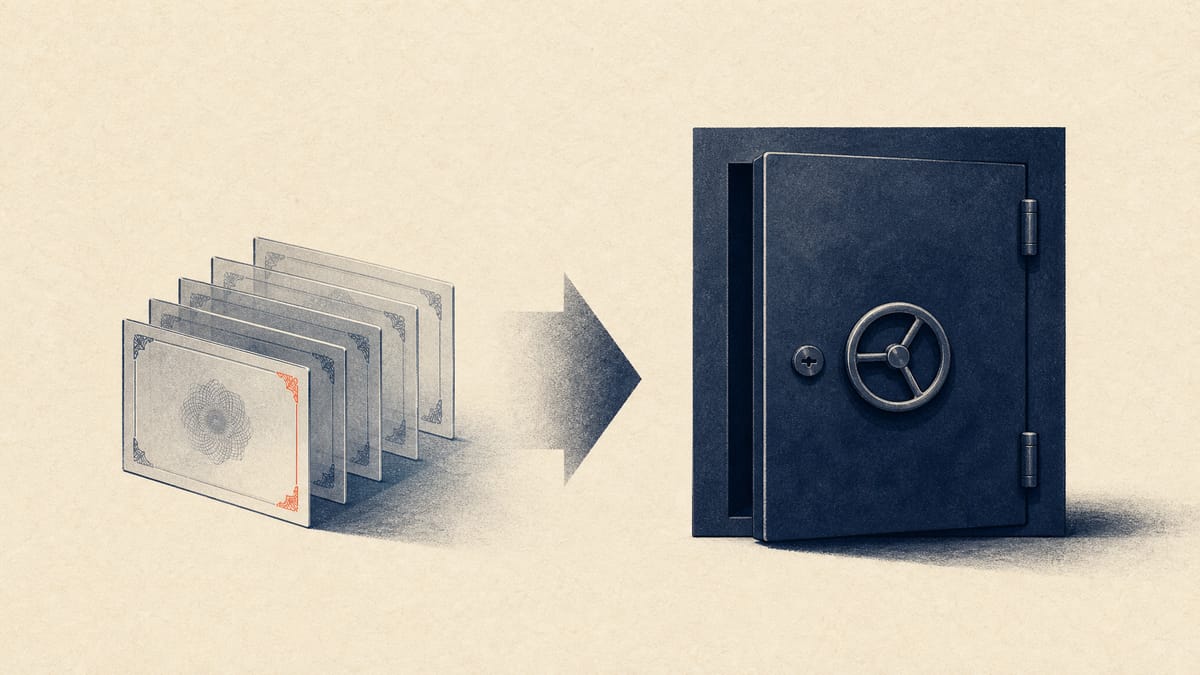 Editorial illustration of glass share certificates being consolidated into a closed vault, symbolizing a company being taken private and its dividend withdrawn.