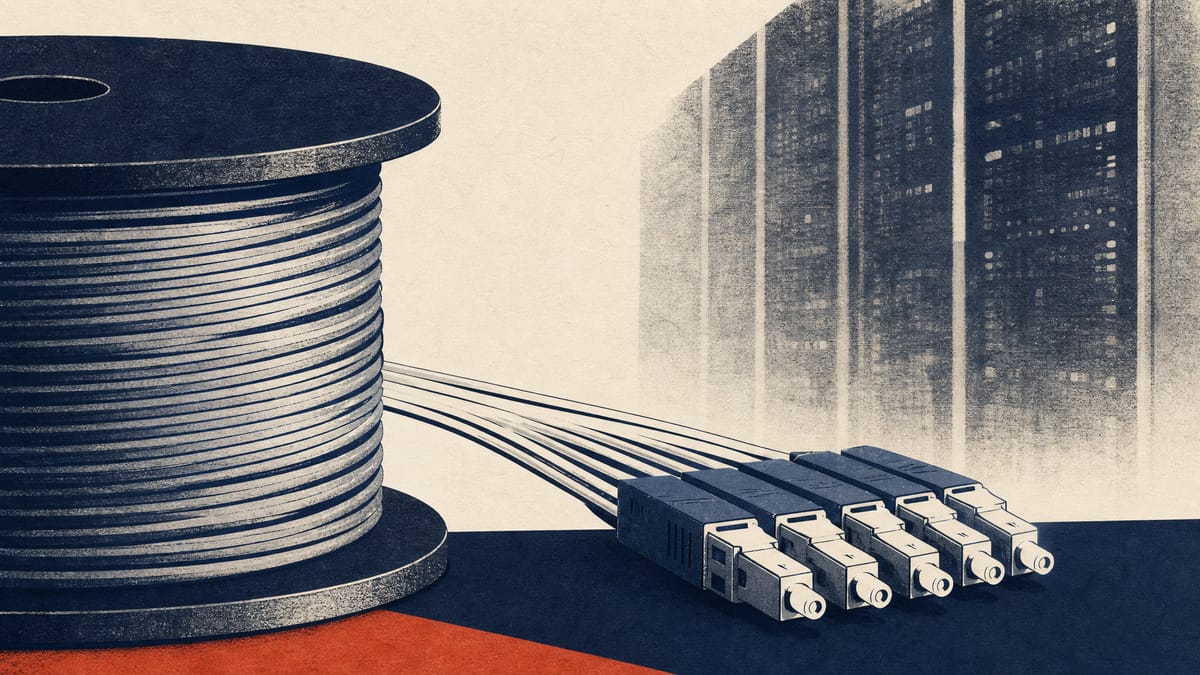 Photo-style illustration of optical fiber cable spools and connector modules on an industrial production line with data-center server racks blurred in the background.