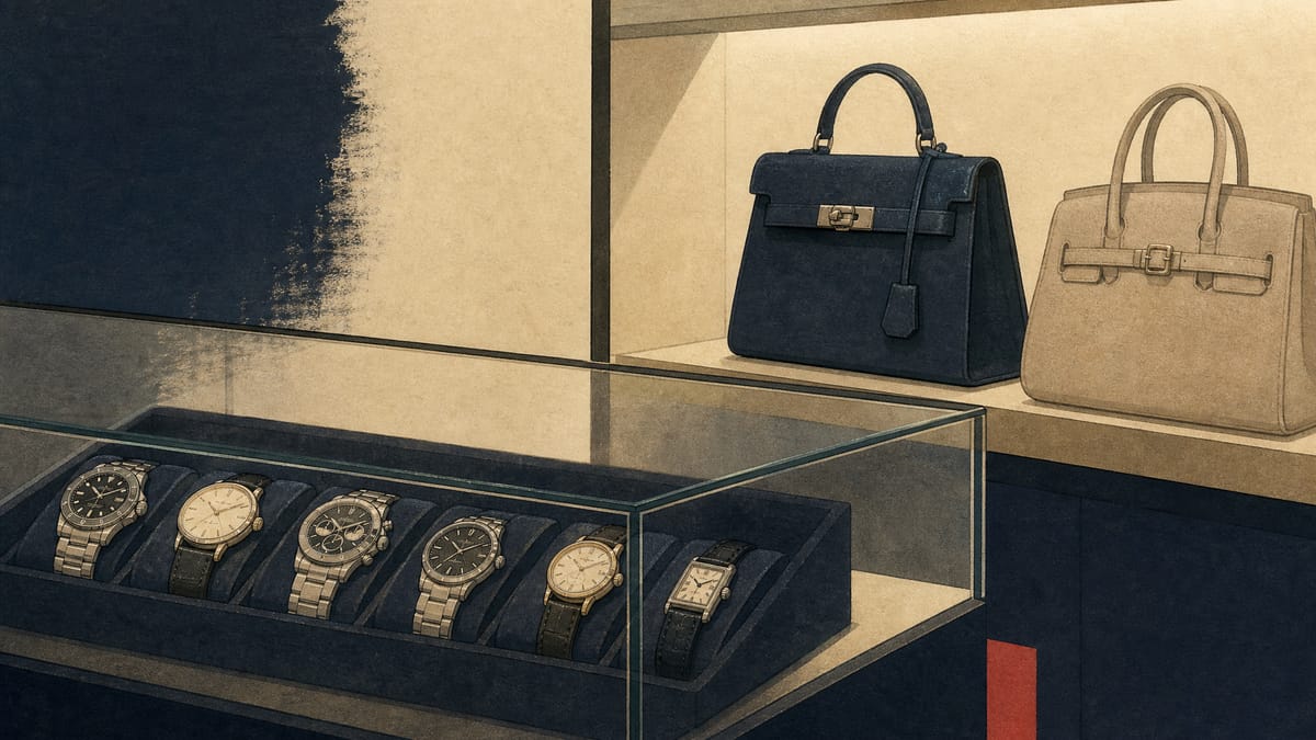 Display case of secondhand wristwatches and handbags arranged for sale inside a resale shop.
