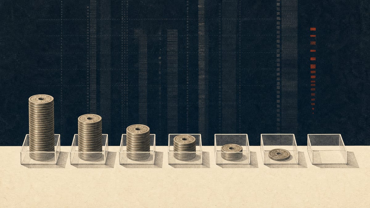 Seven trays holding varying amounts of yen coins, from a tall stack down to one empty tray, symbolizing a range of ETF distribution estimates from high to zero.