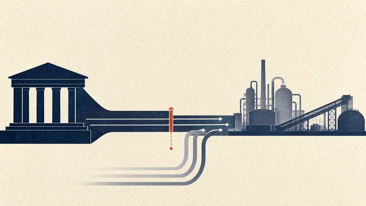 Abstract illustration of financing lines flowing from a development bank ledger toward an overseas industrial facility, with a marked risk-cap threshold gate and branch lines representing later private co-investment.