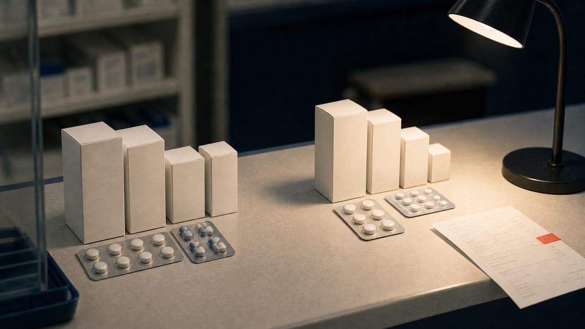 Close-up of a pharmacy counter with two rows of unlabeled medicine boxes and a receipt showing one highlighted charge line, representing a prescription-drug cost surcharge.