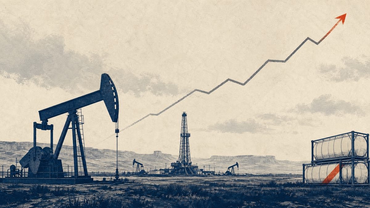 Illustration of pumpjacks and a drilling rig in a US oil basin with LNG cargo containers nearby and a faint upward price-trend line overlay symbolizing raised earnings guidance.