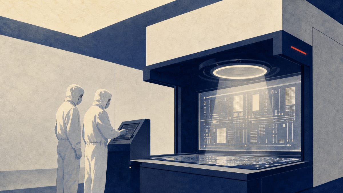 Cleanroom technicians inspecting a large semiconductor photomask inspection machine on a factory floor.