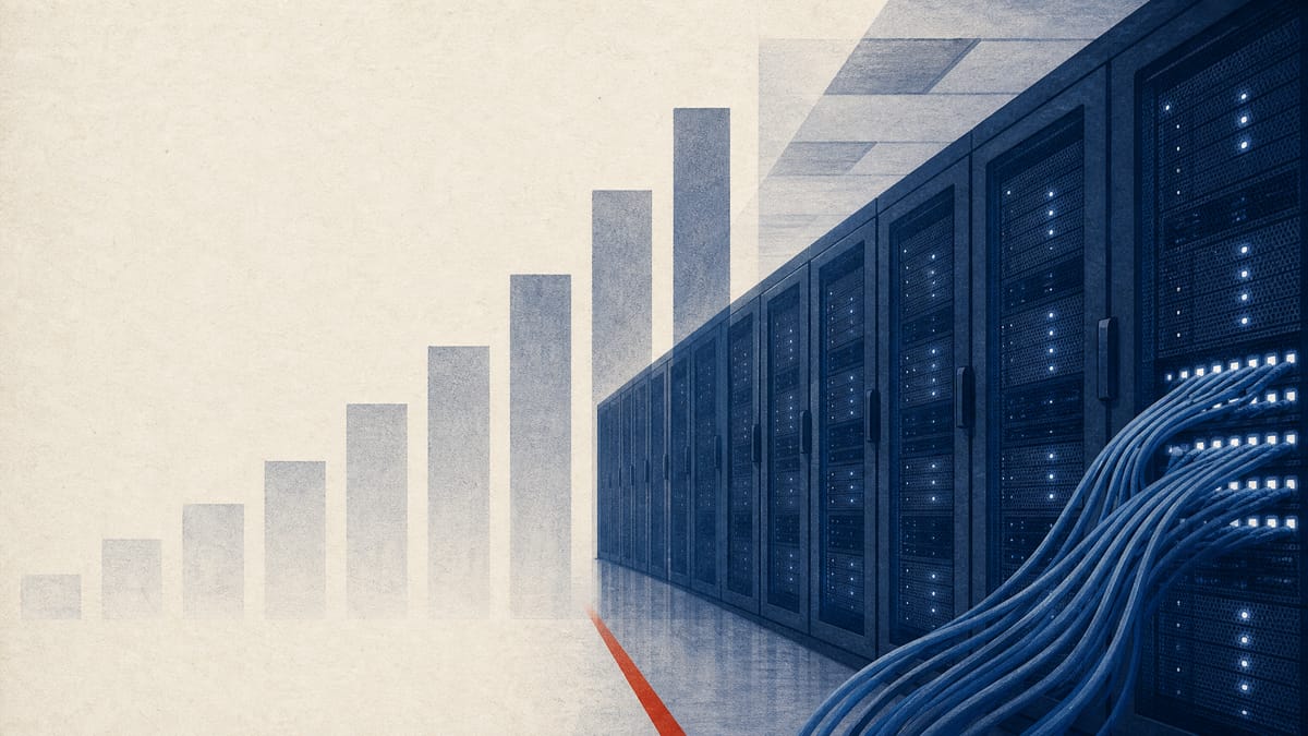Illustration of a data center server hall with fiber-optic cabling and abstract rising bar shapes, evoking NTT's quarterly telecom and IT earnings.