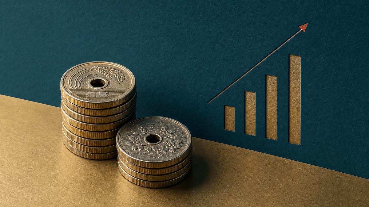 Illustration of Japanese yen coins next to a rising bar-chart motif, symbolizing higher loan interest income for a digital bank.