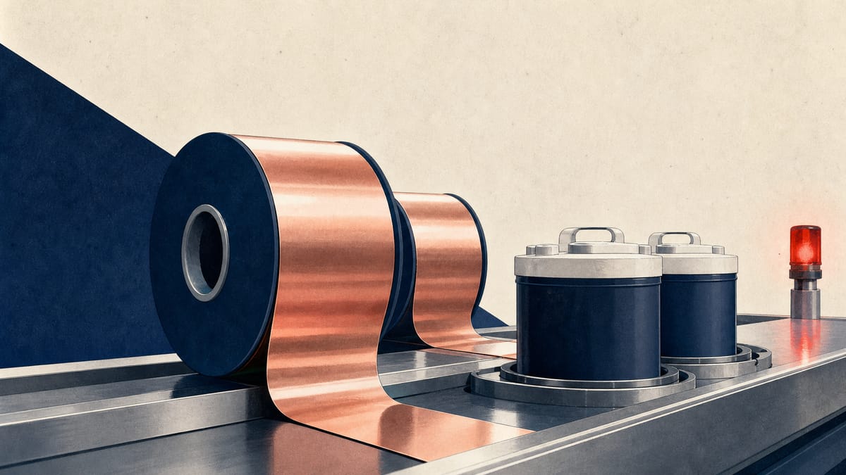 Close-up of semiconductor packaging materials, including reels of laminate film and sealed epoxy canisters, arranged on an industrial production line.