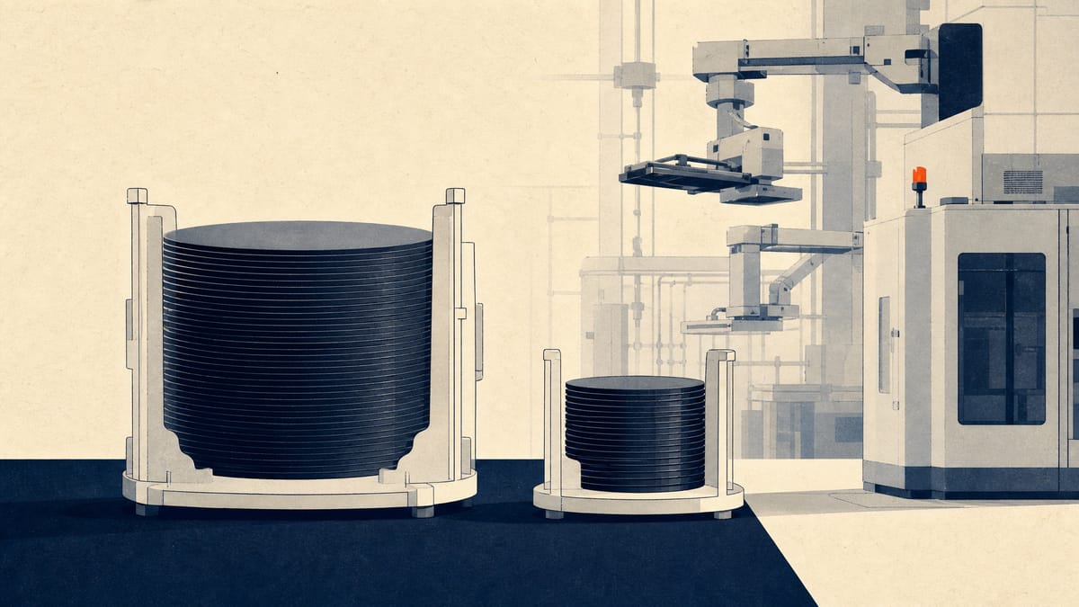 Stacked cassettes of large and small silicon wafers on a factory floor with automated transport equipment in the background.