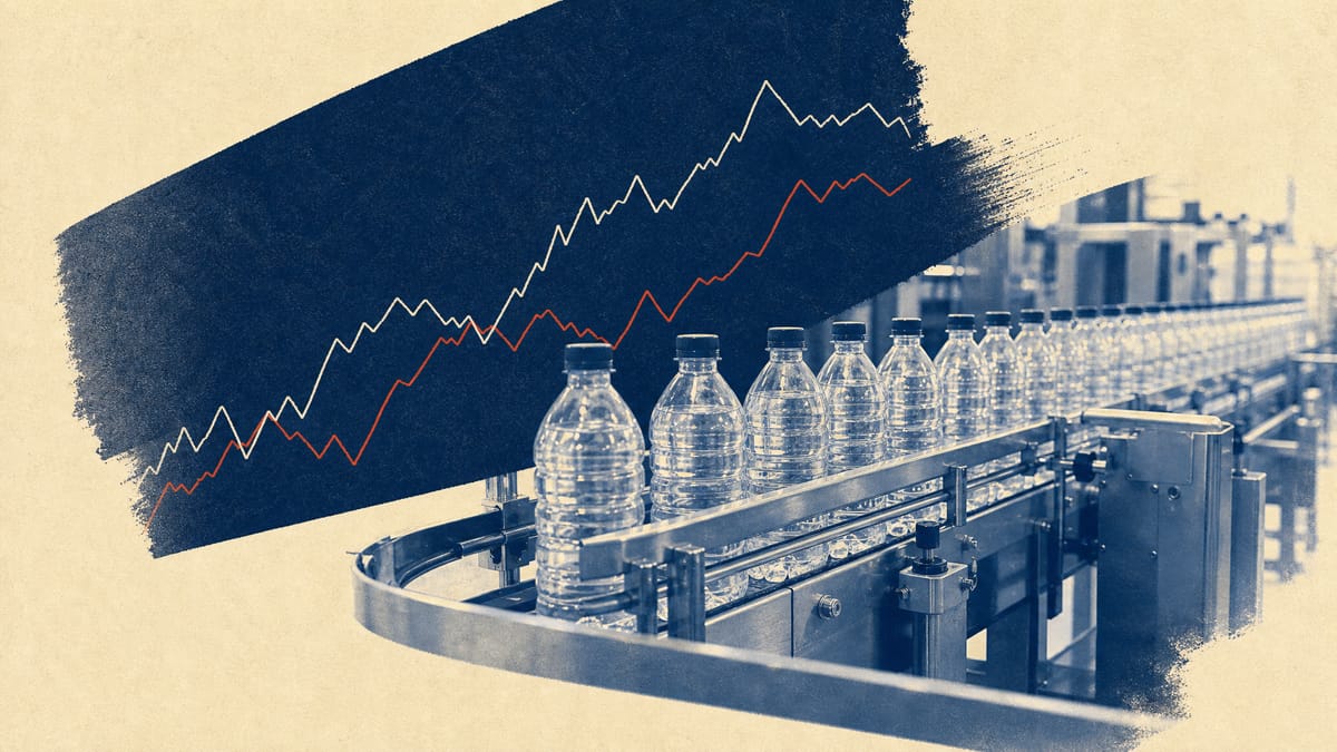 Editorial image of a beverage bottling line on a conveyor belt with faint currency-exchange line graphs layered in the background, evoking the gap between reported and currency-adjusted earnings.