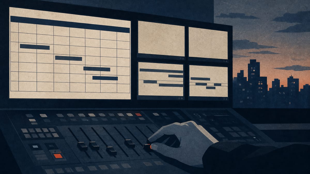 Editorial illustration of a television broadcast control room with monitors showing advertising schedule grids, evoking softer television ad demand.