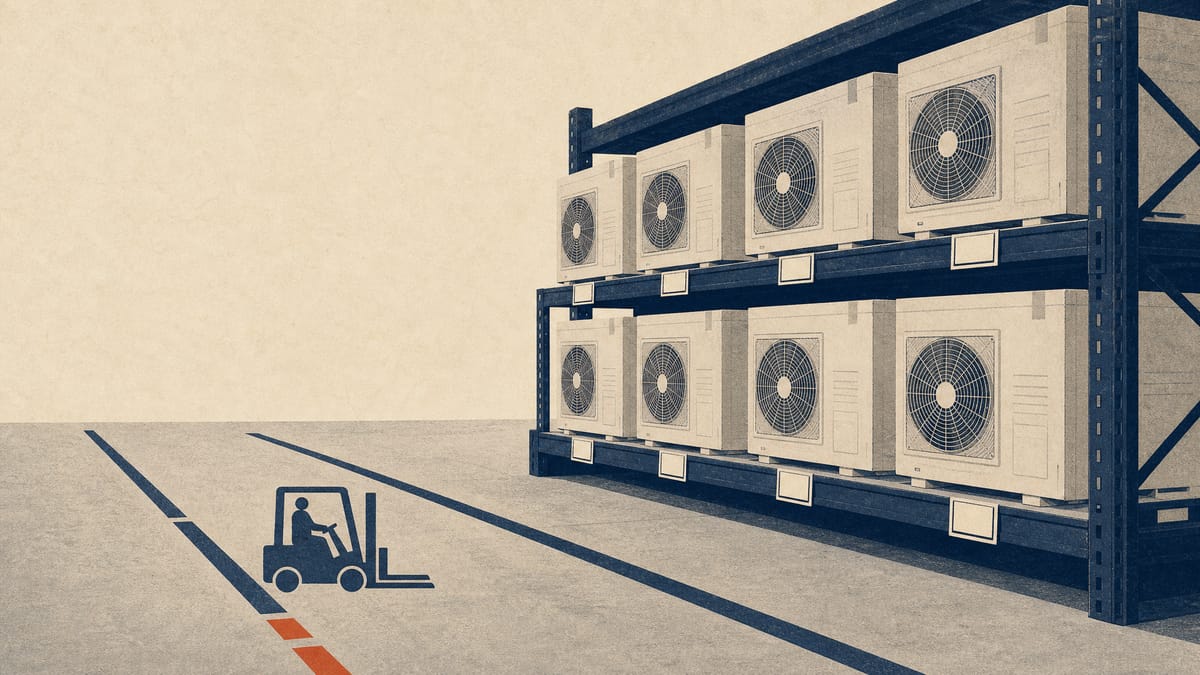 Stacks of boxed air conditioning units on a retail warehouse floor, illustrating a surge in appliance replacement demand.