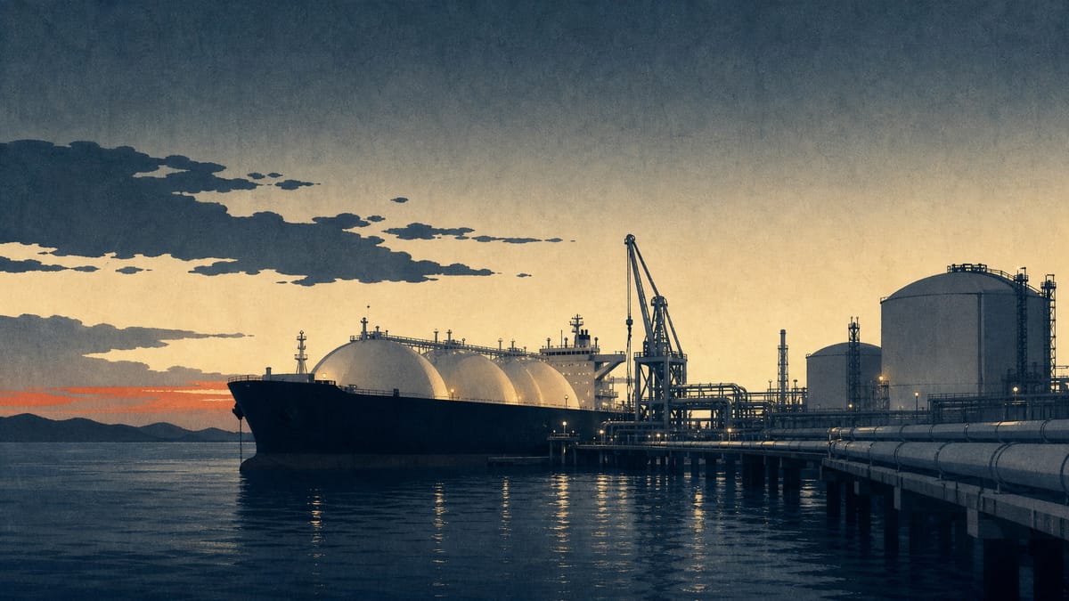 Editorial illustration of an LNG tanker loading at an industrial terminal with pipelines and cranes, evoking energy exports tied to an oil and gas company's earnings.