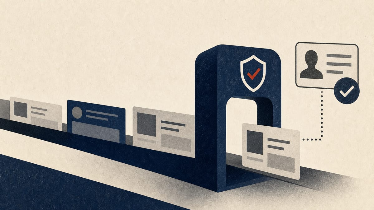 Illustration of abstract ad banners moving through a digital identity-verification checkpoint, symbolizing regulatory scrutiny of social media advertising platforms.