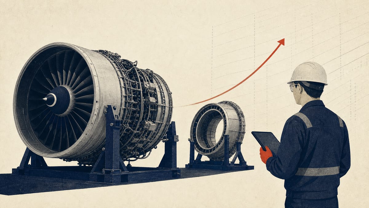Editorial illustration of an aerospace and gas-turbine assembly floor representing Kawasaki Heavy Industries' factory investment plans.