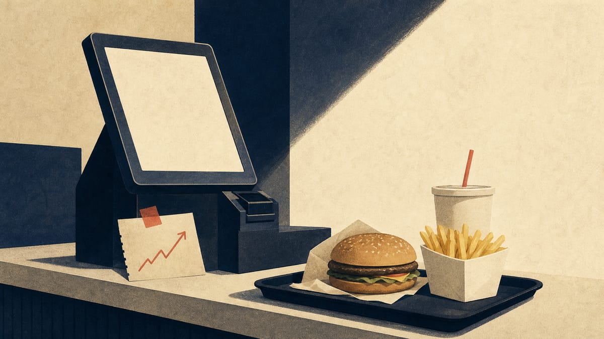Illustration of a fast-food restaurant counter with a digital order kiosk and a tray of meal items, evoking menu pricing and digital-ordering trends.