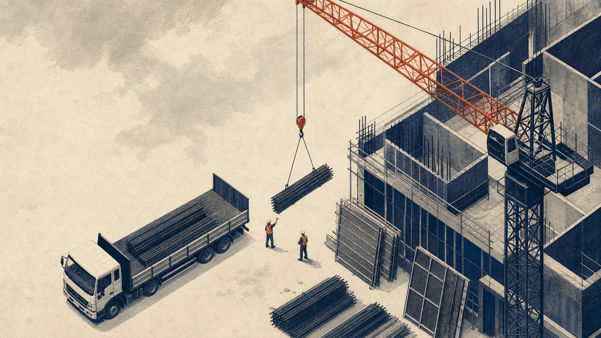 A construction site with tower cranes, rebar stacks, and workers, representing the building and civil-engineering order backlog behind Nishimatsu Construction's earnings.
