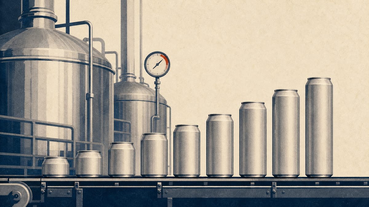 Illustration of a brewery canning line with cans arranged in ascending steps suggesting rising financial returns, with stainless fermentation tanks in the background.
