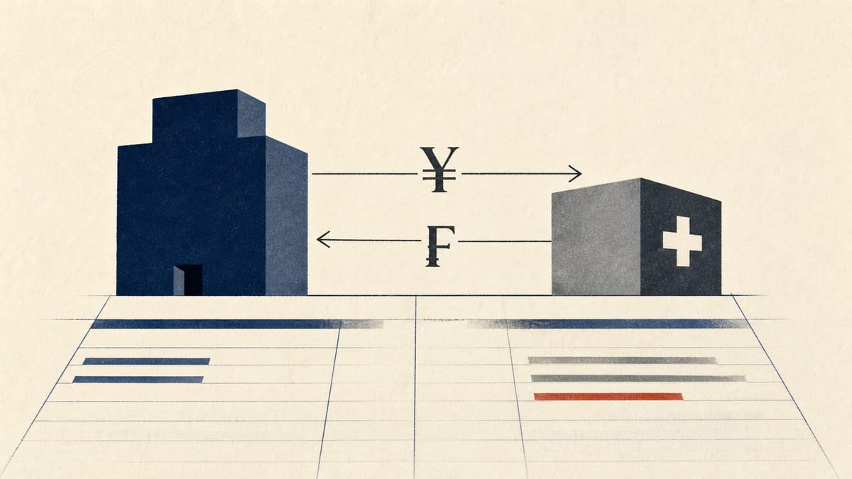 Abstract illustration of ledger lines and currency symbols connecting two corporate structures, representing an intra-group financial transfer between a Japanese parent and its Swiss subsidiary.