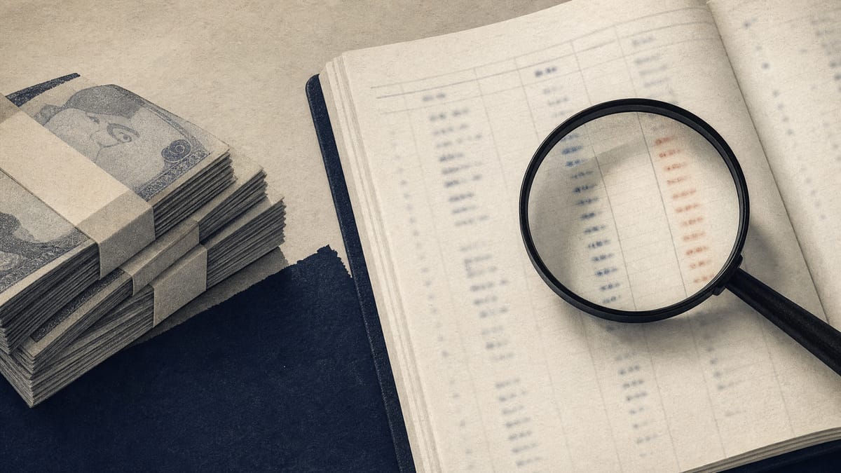 Illustration of banknotes being counted next to an open ledger, representing an off-book cash discrepancy under audit review.