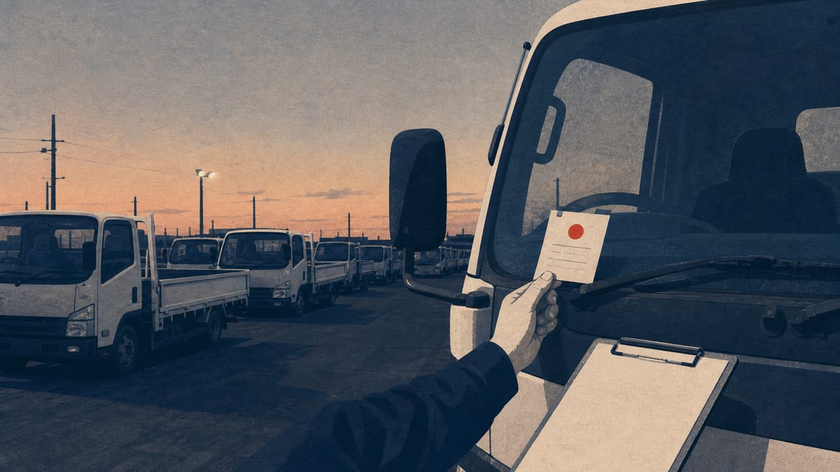 Rows of used trucks in a dealer lot with an inspector's hand checking a vehicle inspection tag, evoking scrutiny of used-truck sales transactions.